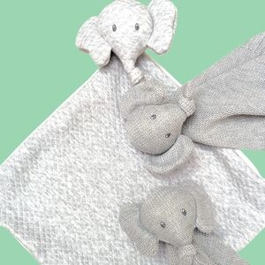 (3) NATTOU Plush DouDou Gray ELEPHANT Security Blanket Lovey Knit Toy Lot Bundle